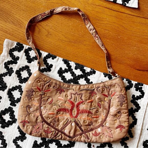 Y2k Express Fashion Embroidered Tan Shoulder Bag boho mini purse - Picture 1 of 10